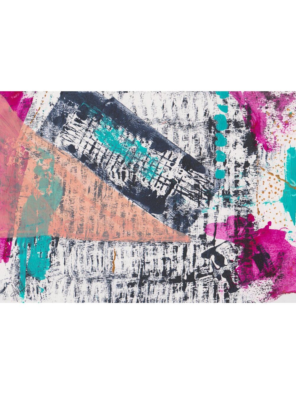 Original painting, small art for shelf in black, white, pink, aqua, peach